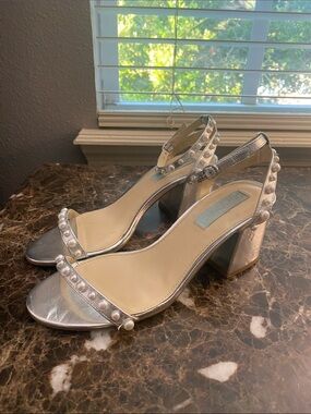 Betsey Johnson Silver Pearl-Trim Block Heel Sandals